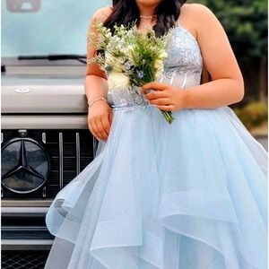 Long Sweetheart Shimmery Sparkly Ball Gown Cinderella Dress Sky Blue Formal Gown